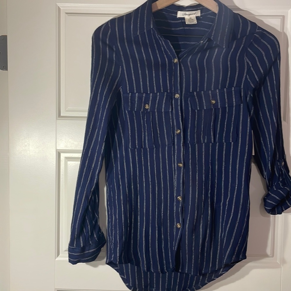 XS long sleeve woman’s shirt button down navy with white stripes